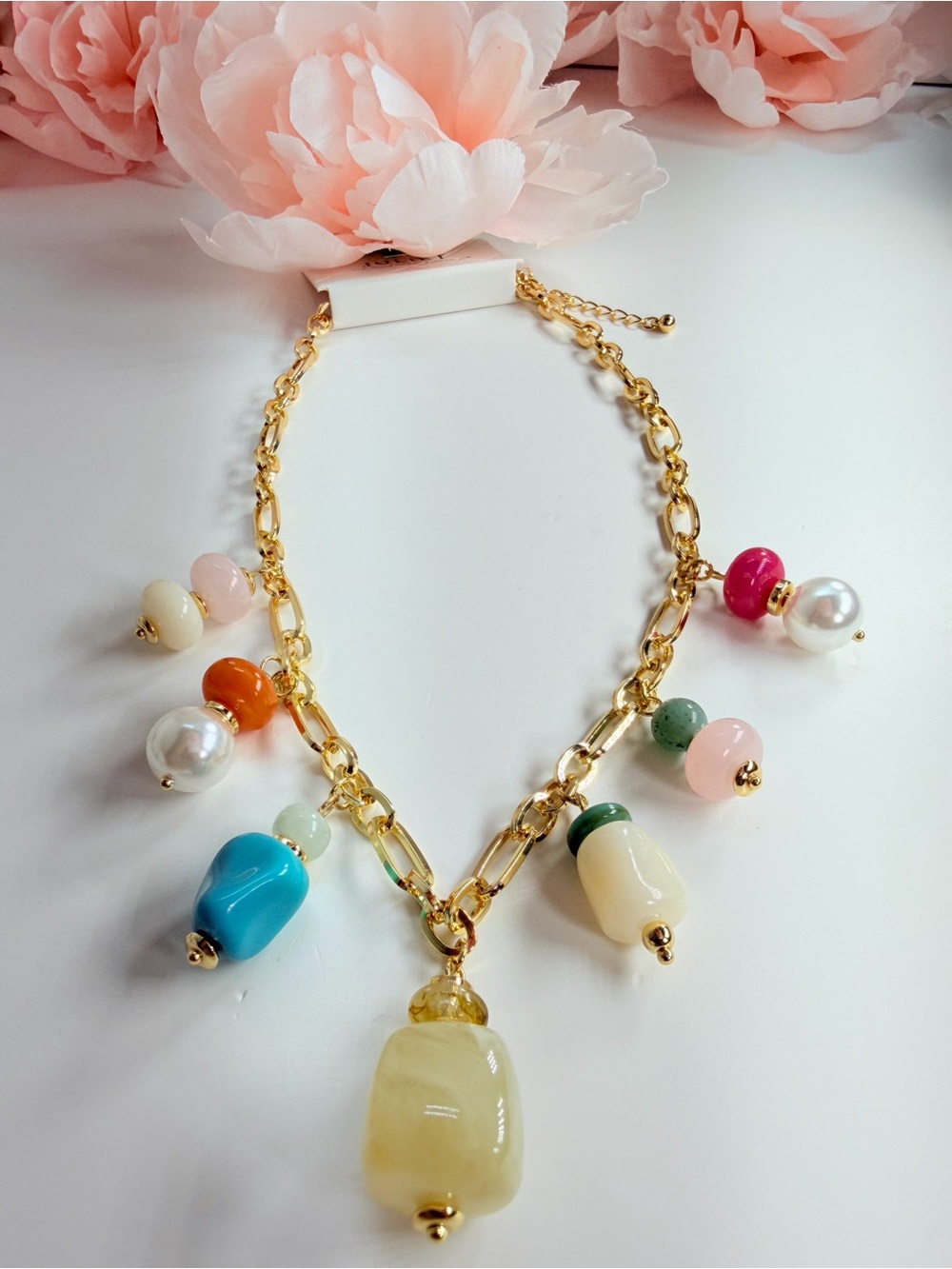 Gold Chain Multicolor Bead Charm Necklace - Women Jewelry
